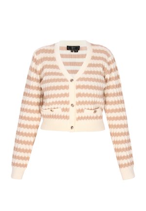 Cardigan tagliato a strisce beige e crema, realizzato in maglia testurizzata. Presenta un collo a V, chiusura con bottoni e due tasche frontali con bottoni.