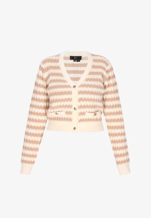 Kratka cardigan v bež in kremnih črtah, izdelan iz teksturiranega pletenega materiala. Ponuja V-izrez, sprednje zapiranje na gumbe ter dve sprednji žepki z gumbi.