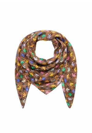 Écharpe triangulaire marron avec un motif abstrait multicolore de visages d'animaux en jaune, vert, rose, violet, bleu et blanc.