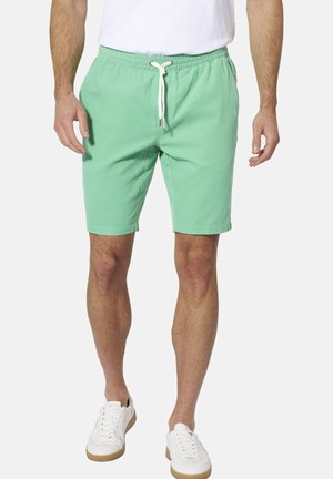 Mann trägt mintgrüne Shorts mit Kordelzug, weiße Sneakers und ein weißes Hemd, steht vor einem einfarbigen Hintergrund.