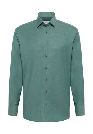 Groene lange mouwen knoopshirt met een textuurpatroon, puntige kraag en donkere knopen aan de voorkant. Slank ontworpen.