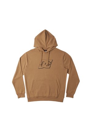 Bruine hoodie gemaakt van een katoenmix. Heeft een voorzak en een zwart logo print in het midden. Verstelbare capuchon met trekkoord.