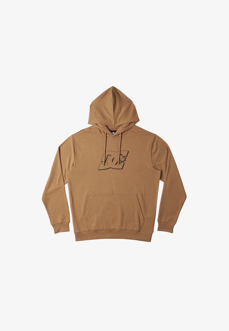Hnědá mikina s kapucí vyrobená z polyesterové směsi. Obsahuje přední kapsu a černý potisk loga ve středu. Kapuce se dá upravit pomocí šňůrek.