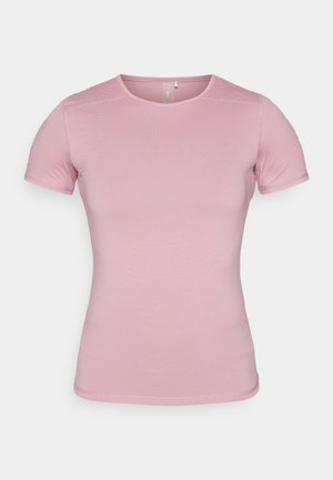 T-shirt med korte ærmer i blød lyserød farve, tekstureret stof med tætsiddende pasform. Har rund hals og standard kant uden dekorative elementer.