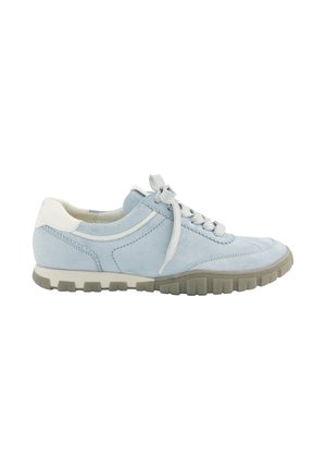 Light blue suede sneaker with white heel accent, lace-up closure, and gray rubber sole viewed from the side on a white background.