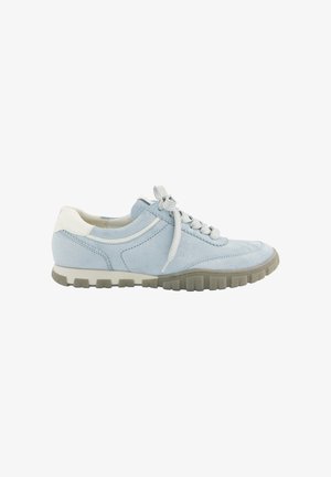 Light blue suede sneaker with white heel accent, lace-up closure, and gray rubber sole viewed from the side on a white background.