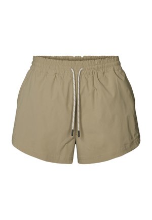 Beige fritidsshorts med elastisk midje og hvit snor, med sidelommer og avslappet passform.