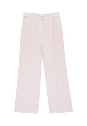 Hellrosa weit geschnittene Hosen mit Gürtelschlaufen, Seitentaschen und vorderen Falten, entworfen für einen formellen oder Business-Casual-Look.