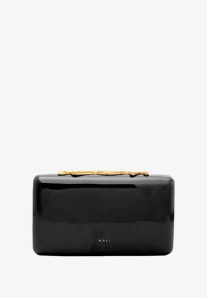 Lesklá černá obdélníková psaníčko s rukojetí ve tvaru zlatého hada a malým logem "NALI" uprostřed přední strany.