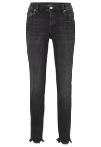 Jean en denim noir à coupe slim, avec un ourlet effiloché, des passants de ceinture et un design à cinq poches. Texture lisse avec un lavage foncé.