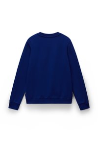 Donkerblauwe sweatshirt met lange mouwen, ronde hals, ribgebreide manchetten en zoom, gemaakt van een zachte, gladde stof. Geen zichtbare merk- of patroontekens.