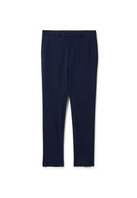 Marineblau maßgeschneiderte Hosen mit vorderen Taschen, Gürtelschlaufen und einem Knopfverschluss am Bund.