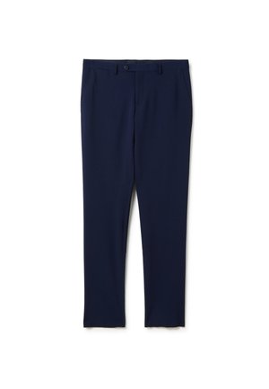 Pantalones ajustados azul marino con bolsillos frontales, presillas para el cinturón y cierre de botón en la cintura.