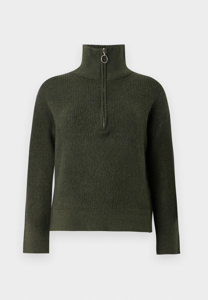 Dunkelgrüner Pullover mit hohem Kragen, ausgestattet mit einem halben Reißverschluss und strukturiertem Strickstoff. Lange Ärmel und eine figurbetonte Silhouette.