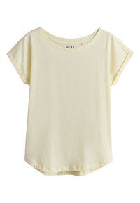 Short-sleeve pale yellow T-shirt with a round neckline and slightly rolled sleeves, displayed on a white background.