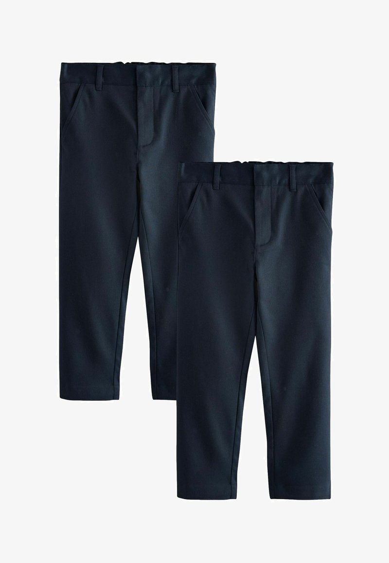 Marineblauwe broek met een soepele textuur, voorzien van twee voorzakken, een vlakke voorkant en een standaard tailleband. Verkrijgbaar in twee maten.