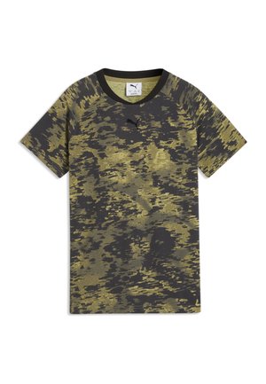 T-shirt Puma à manches courtes avec motif camouflage abstrait noir et vert olive et col rond noir.