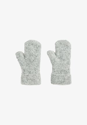 Grijze gebreide wanten met een textuur, voorzien van een geribbelde manchette en afgeronde toppen. Zacht materiaal biedt warmte en comfort.