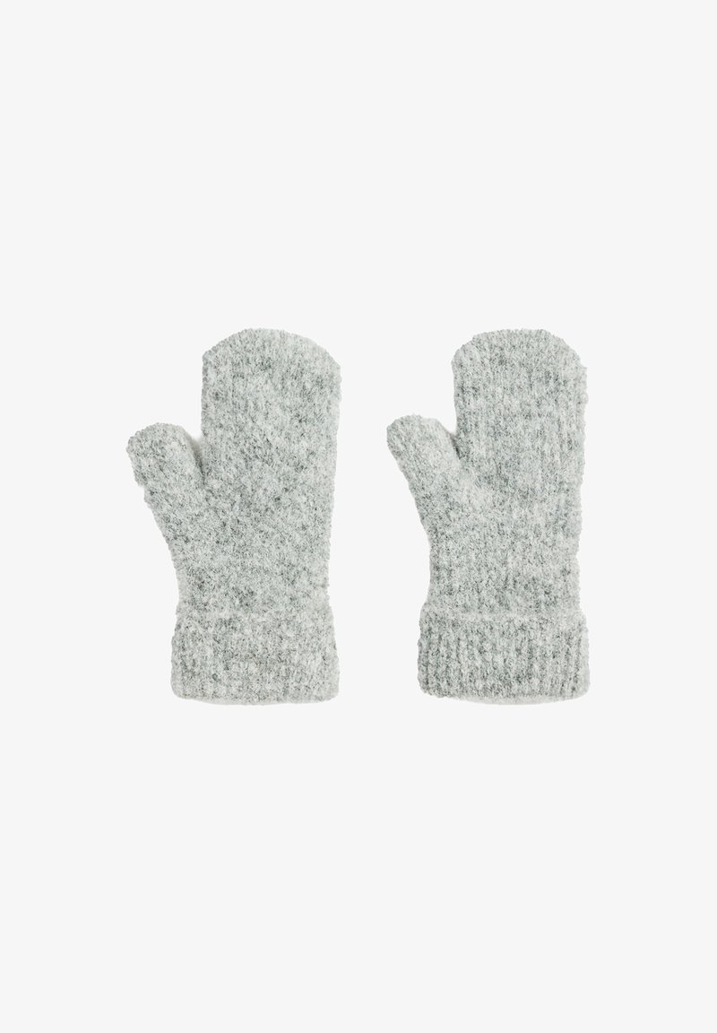 Grijze gebreide wanten met een textuur, voorzien van een geribbelde manchette en afgeronde toppen. Zacht materiaal biedt warmte en comfort.