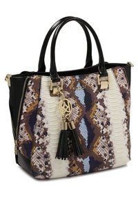 Borsa in pelle sintetica con una forma strutturata, caratterizzata da un motivo a stampa serpente colorato, accenti neri, hardware dorato e tasselli decorativi.