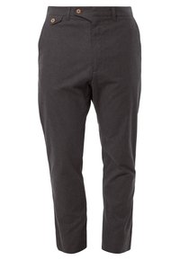 Mörkgrå byxor i robust tyg med smal passform, två sidfickor och en knappstängning i midjan.