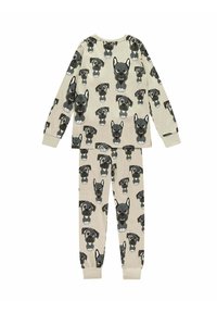 Pajama set made of lightweight fabric, featuring an all-over dog print in gray and black on a beige background. Long-sleeved top and matching pants.