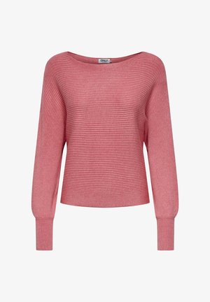 Maglione rosa a coste con scollatura ampia a barca e maniche lunghe. Tessuto morbido con sottili linee orizzontali. Orlo arrotondato e polsini aderenti.