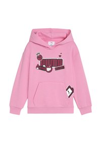 Felpa rosa realizzata in tessuto morbido, presenta un grande logo stampato e vari design di personaggi, tra cui Hello Kitty, con una tasca frontale.