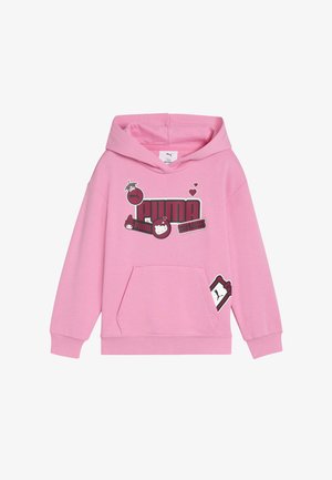 Roze hoodie van zachte stof met een groot gedrukt logo en verschillende karakterontwerpen, waaronder Hello Kitty, en een voorzak.
