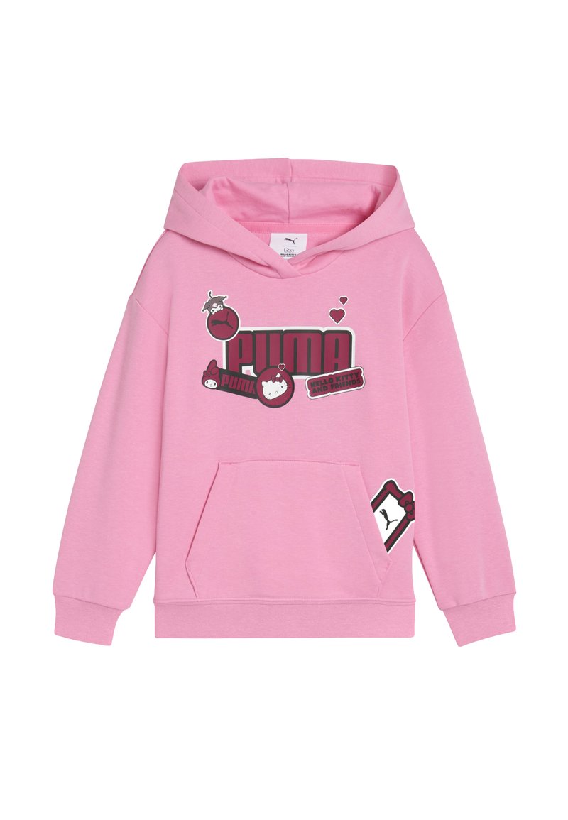 Felpa rosa realizzata in tessuto morbido, presenta un grande logo stampato e vari design di personaggi, tra cui Hello Kitty, con una tasca frontale.