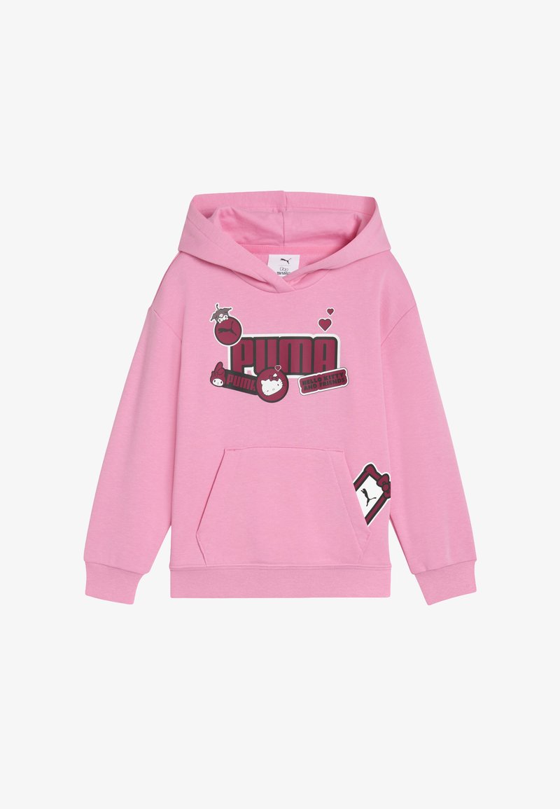 Rozā kapuce, izgatavota no mīksta auduma, ir aprīkota ar lielu drukātu logotipu un dažādiem raksturu dizainiem, tai skaitā Hello Kitty, ar priekšējo kabatu.