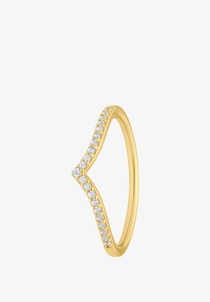Gold ring featuring a chevron design, adorned with small white gemstones along one side, creating a textured and shimmering effect.