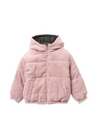 Giacca in velluto a coste rosa con zip frontale, cappuccio, polsini elastici e orlo inferiore. Presenta una trama trapuntata e un piccolo logo sul petto.