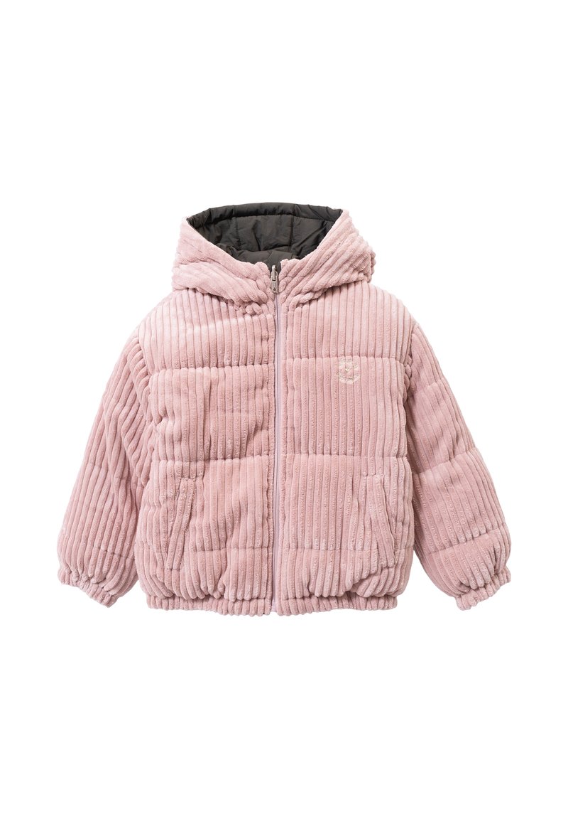 Giacca in velluto a coste rosa con zip frontale, cappuccio, polsini elastici e orlo inferiore. Presenta una trama trapuntata e un piccolo logo sul petto.