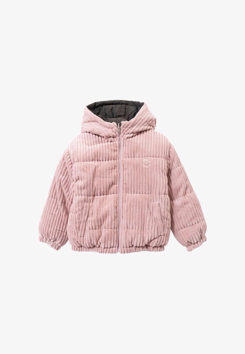 Giacca in velluto a coste rosa con zip frontale, cappuccio, polsini elastici e orlo inferiore. Presenta una trama trapuntata e un piccolo logo sul petto.