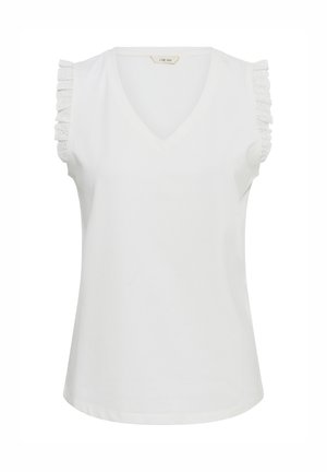 Blouse blanche sans manches à col en V avec bordure volants en dentelle ajourée sur les épaules, coupe ajustée et devant uni.