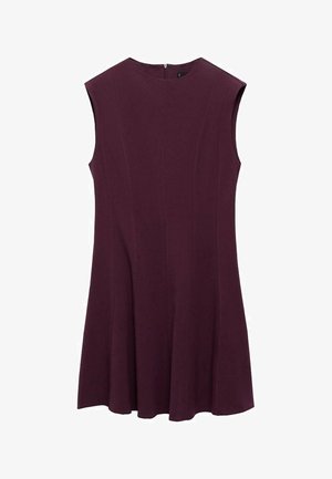 Sukienka bez rękawów w kształcie litery A w głębokim burgundzie, z okrągłym dekoldem i zapięciem na zamek z tyłu. Gładki materiał o płynnej sylwetce.