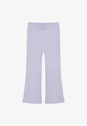 Lila geribbelde gebreide broeken met wijde pijpen en een elastische tailleband. Voorzien van een subtiel hartpatroon door de hele stof, wat textuur en detail toevoegt.