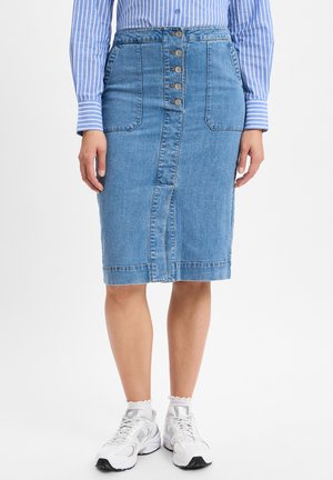 Denim pencil skirt featuring a front button placket, two patch pockets, light blue color, and a knee-length cut with subtle stitching details.