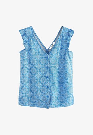 Zila rakstota bez piedurknēm blūze ar V-veida kaklu un vilnīšiem plecu akcentiem. Piedāvā pogas pa priekšu un vieglu auduma struktūru.