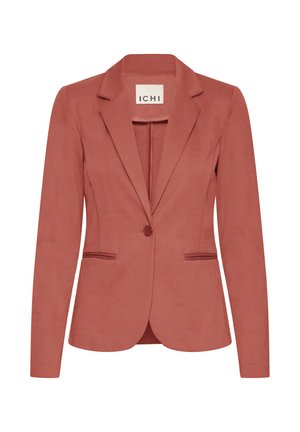 Blazer cintré rouge orangé avec un bouton unique, revers crantés, deux poches frontales, et un tissu lisse légèrement texturé.
