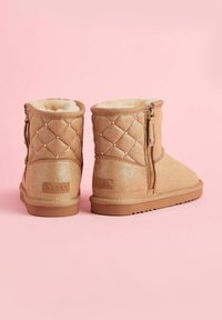 Rudiškai apdoroti rudi auliniai batai su blizgiu paviršiumi, dirbtinės kailio pamušalu, šoniniu užtrauktuku ir guminiais padais. Pabrėžti dekoratyviais kalnų kristalais.