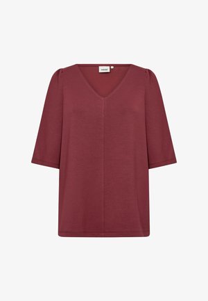 Vínové tričko s výstřihem do V a krátkými rukávy, vyrobené z měkké látky; má rovný střih a jemný nařasený efekt na švech ramen.