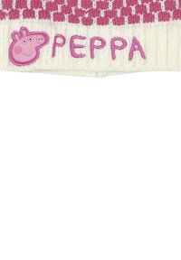 Knit beanie in cream and pink featuring a checkerboard pattern. Adorned with a Peppa Pig emblem and stylized "PEPPA" text in pink.