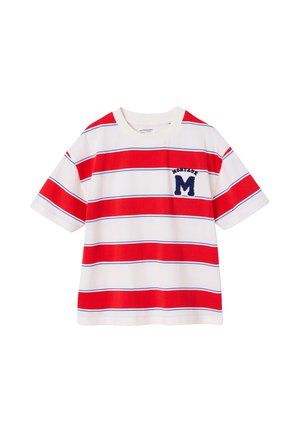 White short-sleeve T-shirt with bold red and thin blue horizontal stripes and a navy blue letter "M" embroidered on the chest.