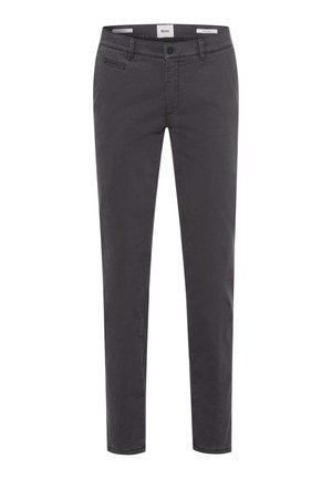 Pantalon en coton gris à coupe ajustée, avec une poche avant, des passants de ceinture et une fermeture à bouton. Texture lisse et design à jambe droite.