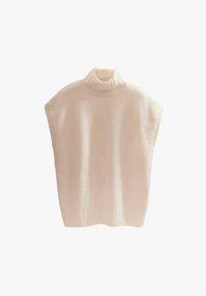 Light beige knitted sweater with a high mock neck and wide sleeves. Features ribbed accents at the neck and hem. Soft texture.