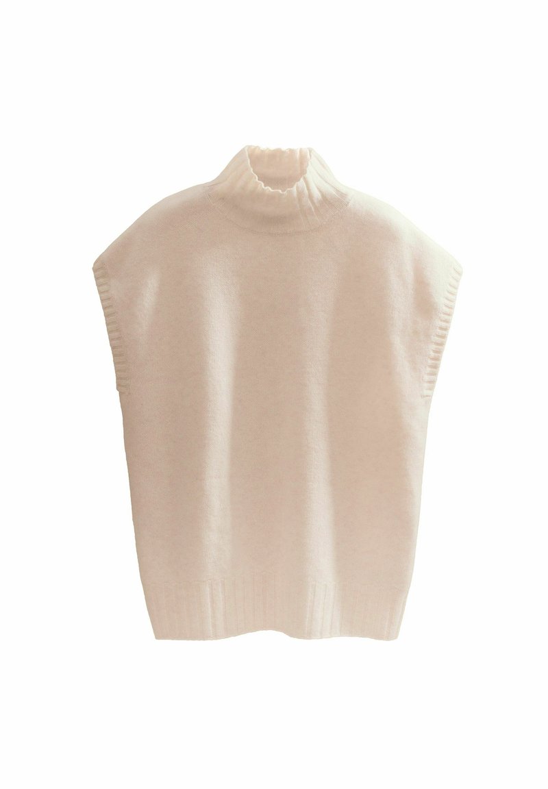 Suéter de punto beige claro con un cuello alto tipo mock y mangas anchas. Presenta detalles acanalados en el cuello y el dobladillo. Textura suave.