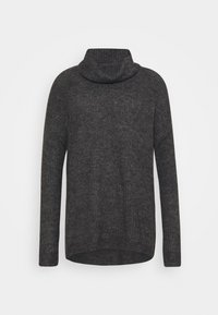 Szary, prążkowany sweter z golfem i długimi rękawami, o luźnym kroju i linii dołu podwijającej się po bokach. Dzianina z fakturą.