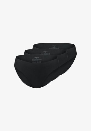 Drei schwarze nahtlose Damen-Slips in mittlerer Größe, ordentlich gestapelt und ausgerichtet, die den Text des Innenpflegeetiketts zeigen.